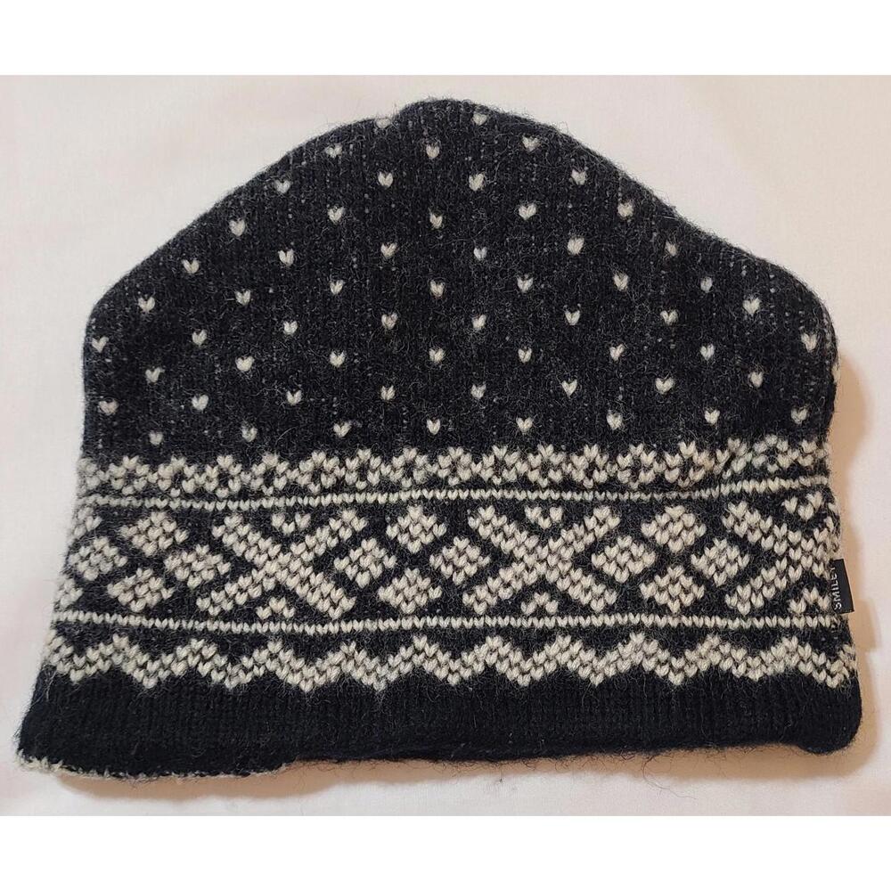 Smiley Black Nordic Print Beanie Unisex Sz OS 100% Wool Outer Shell Outdoors Ski